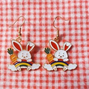 Rainbow Rabbits and Carrots Enamel Earrings Spring Farm Jewelry Cottagecore